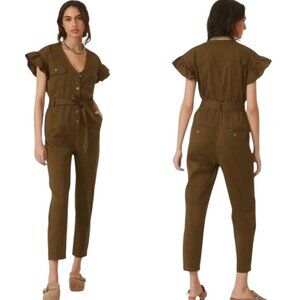 Anthropologie Utility Ruffle Jumpsuit Cotton Coveralls Military Green Size XS